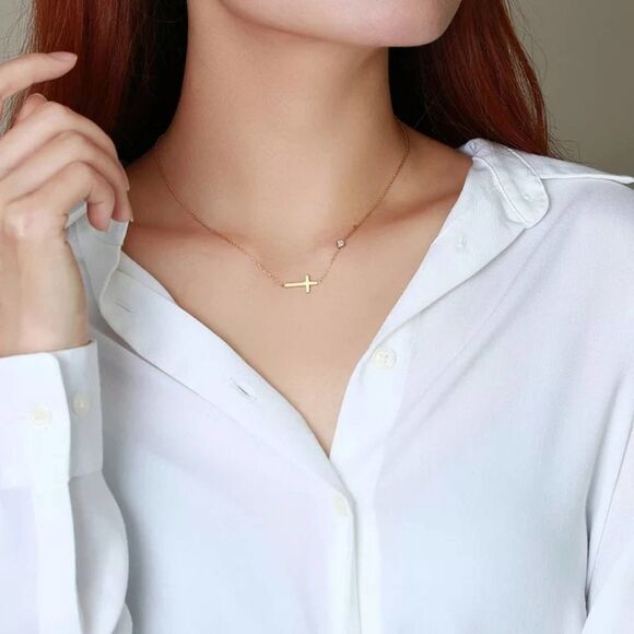 Gold Sideways Cross Necklace Cubic Zirconia Charm - Picture 8 of 8